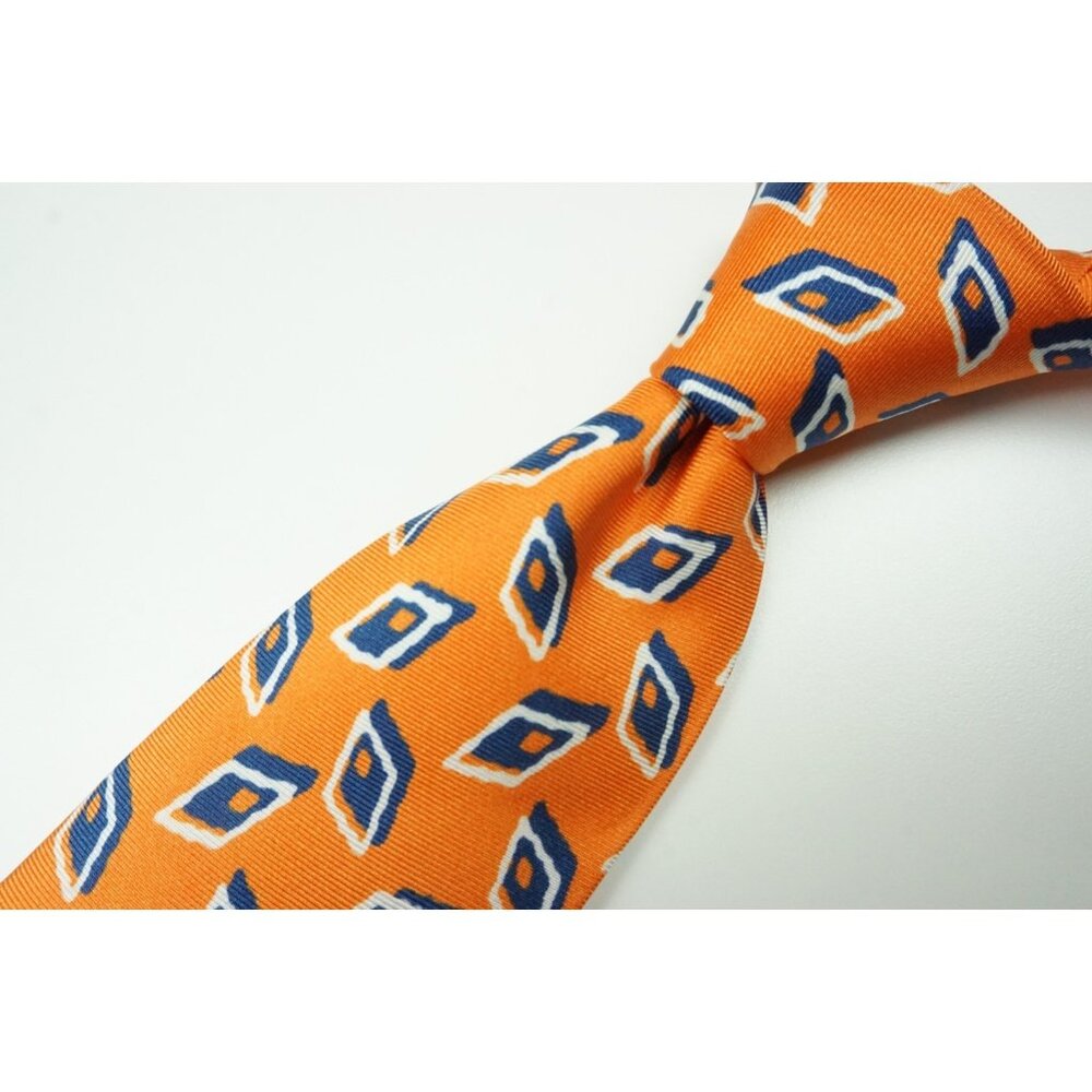 Kiton Pumpkin Orange Navy Blue Shard Seven Fold Silk Tie Made in Italy NEW